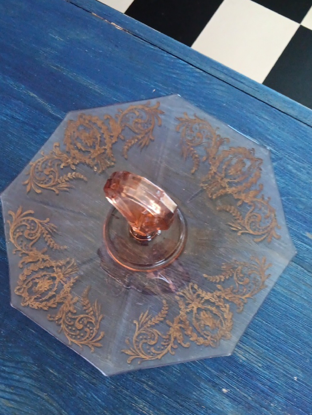 Pink Depression Glass Compote with Gold Scrollwork